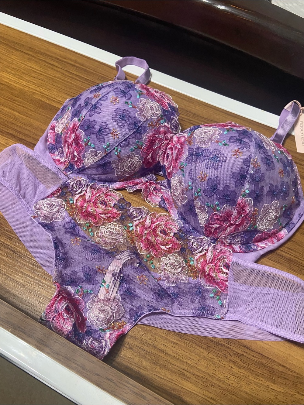 NEW 38d XL VICTORIAS SECRET Lavender Floral Lace Bra & Panty Set Intimates